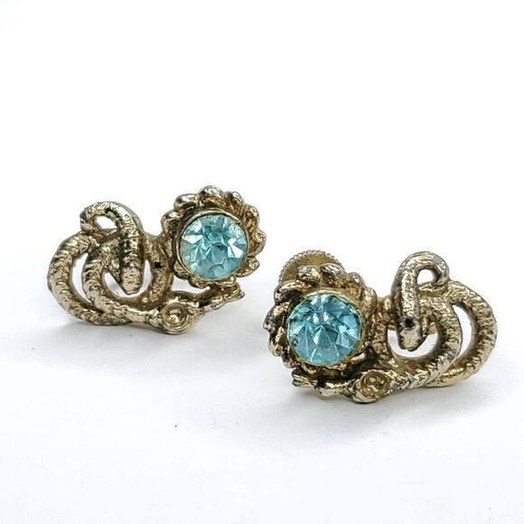 Vintage Goldtone Faux Aqua Blue Topaz Rhinestone Screwback Earrings - Picture 4 of 5